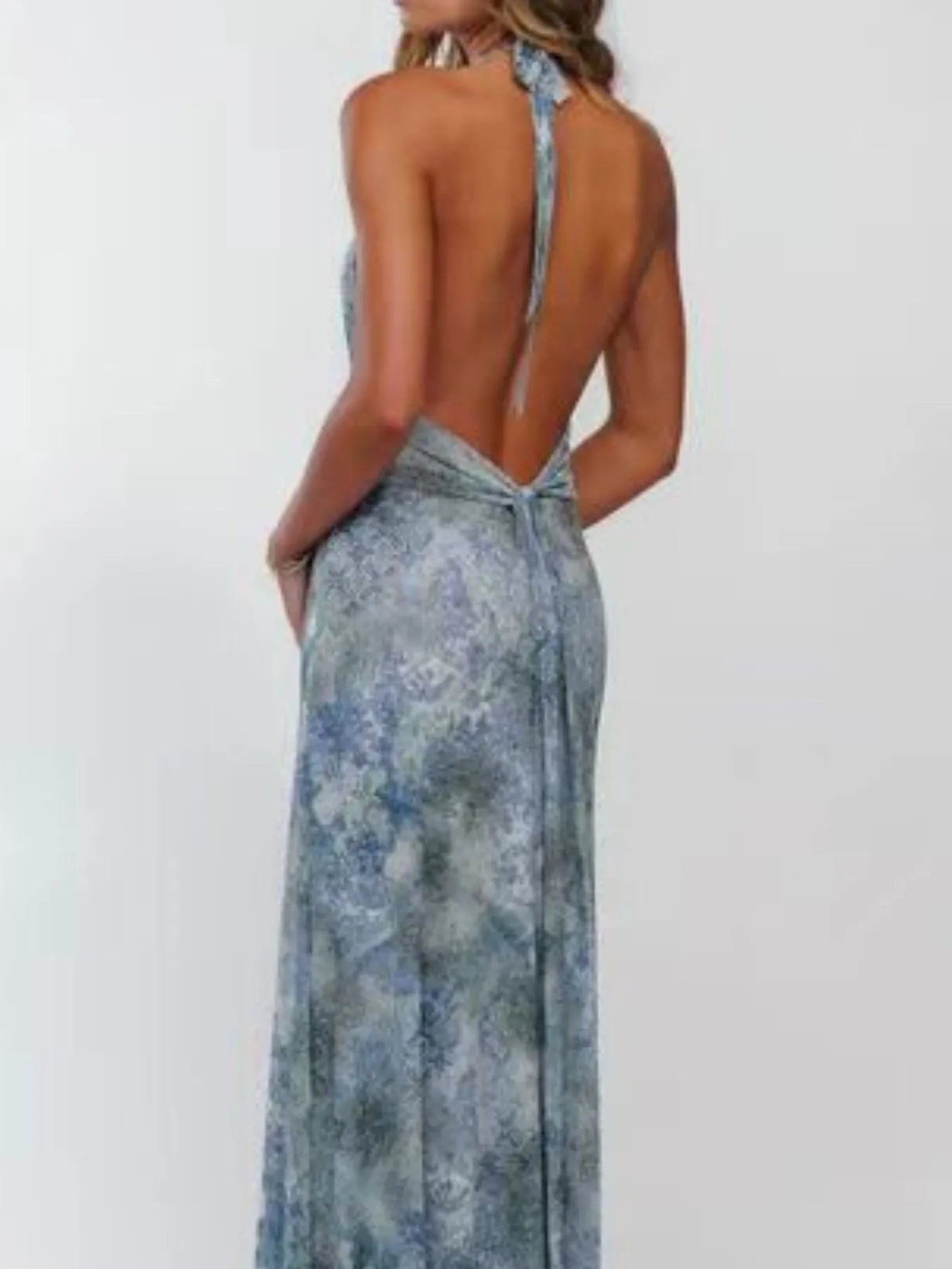 Floral Halter Neck Deep V-Neck Ruched Maxi Dress 19