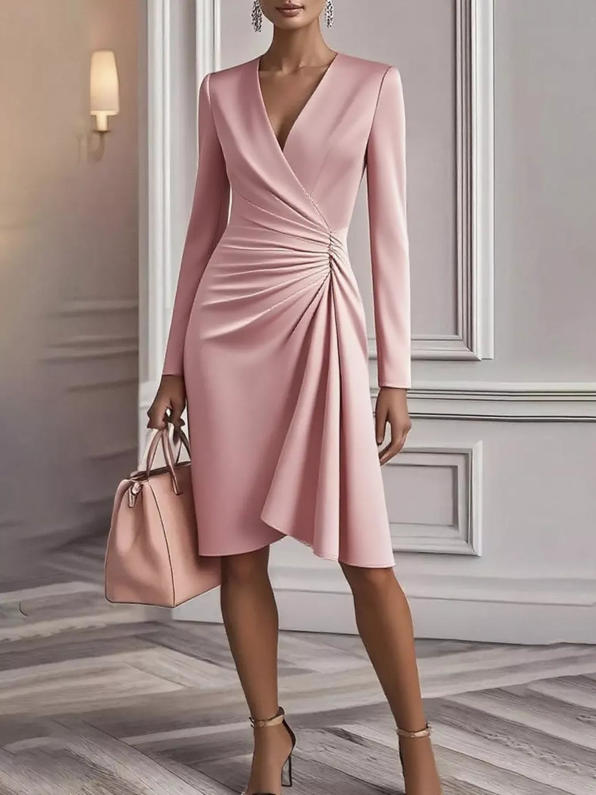 Satin Surplice V-Neck Long Sleeve Ruched Side Wrap Midi Dress