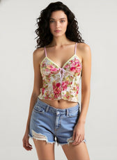 Women Spaghetti Strap Top Floral Print V-neck Front Split Tie-Up Sleeveless Summer Slim Fit Mini Vest Crop Top