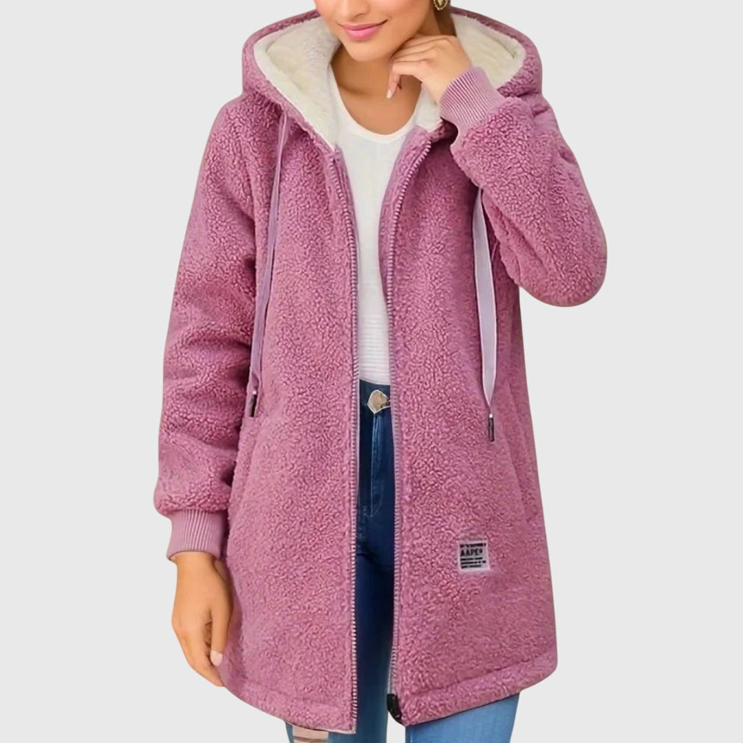 Hooded Zip Front Sherpa Fleece Longline Jacket