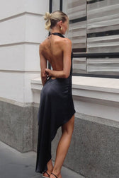 Elegant Satin Halter Sleeveless High Low Backless Cocktail Dress 4