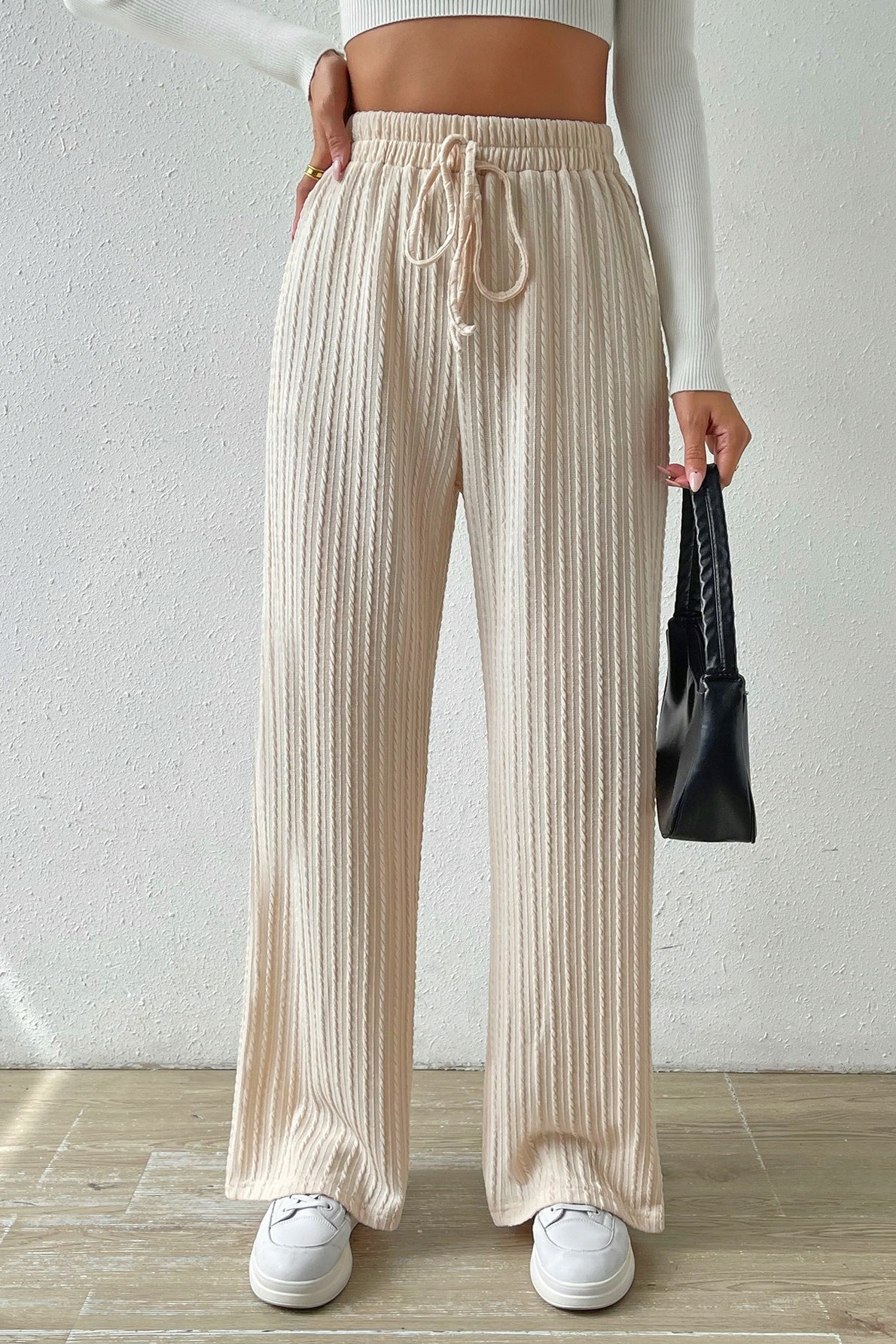 Elastic High Waist Drawstring Cable Textured Knit Wide Leg Pants 3