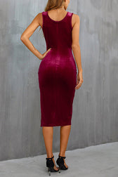 Solid Color Velvet Square Neck Slim Fit Slit Midi Dress - View 18