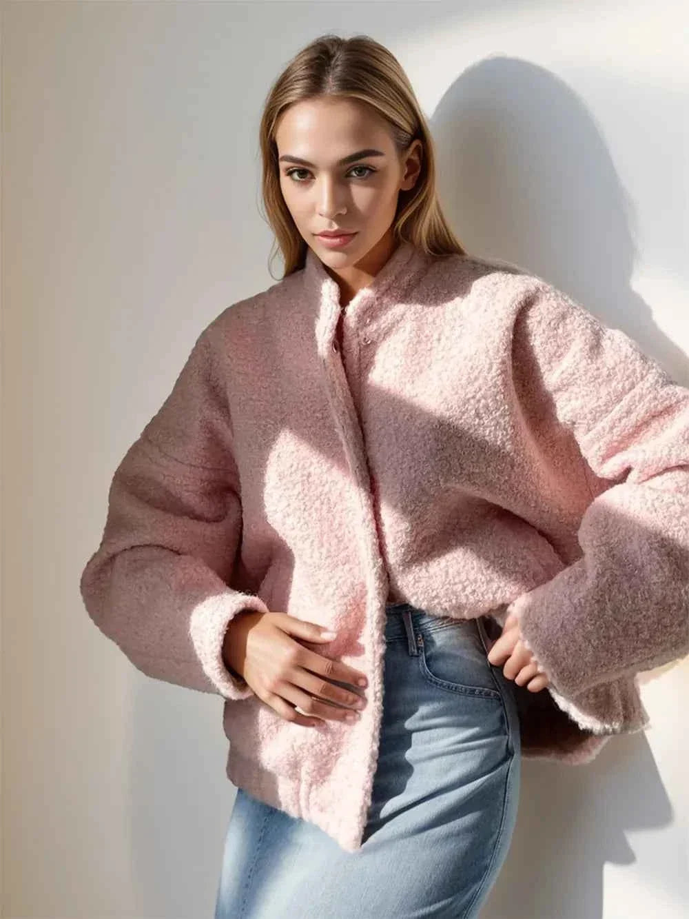Teddy Fleece Stand Collar Oversized Drop Shoulder Jacket