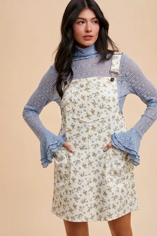 Ditsy Floral Print Denim-Look Buckle Strap Overall Mini Dress 3