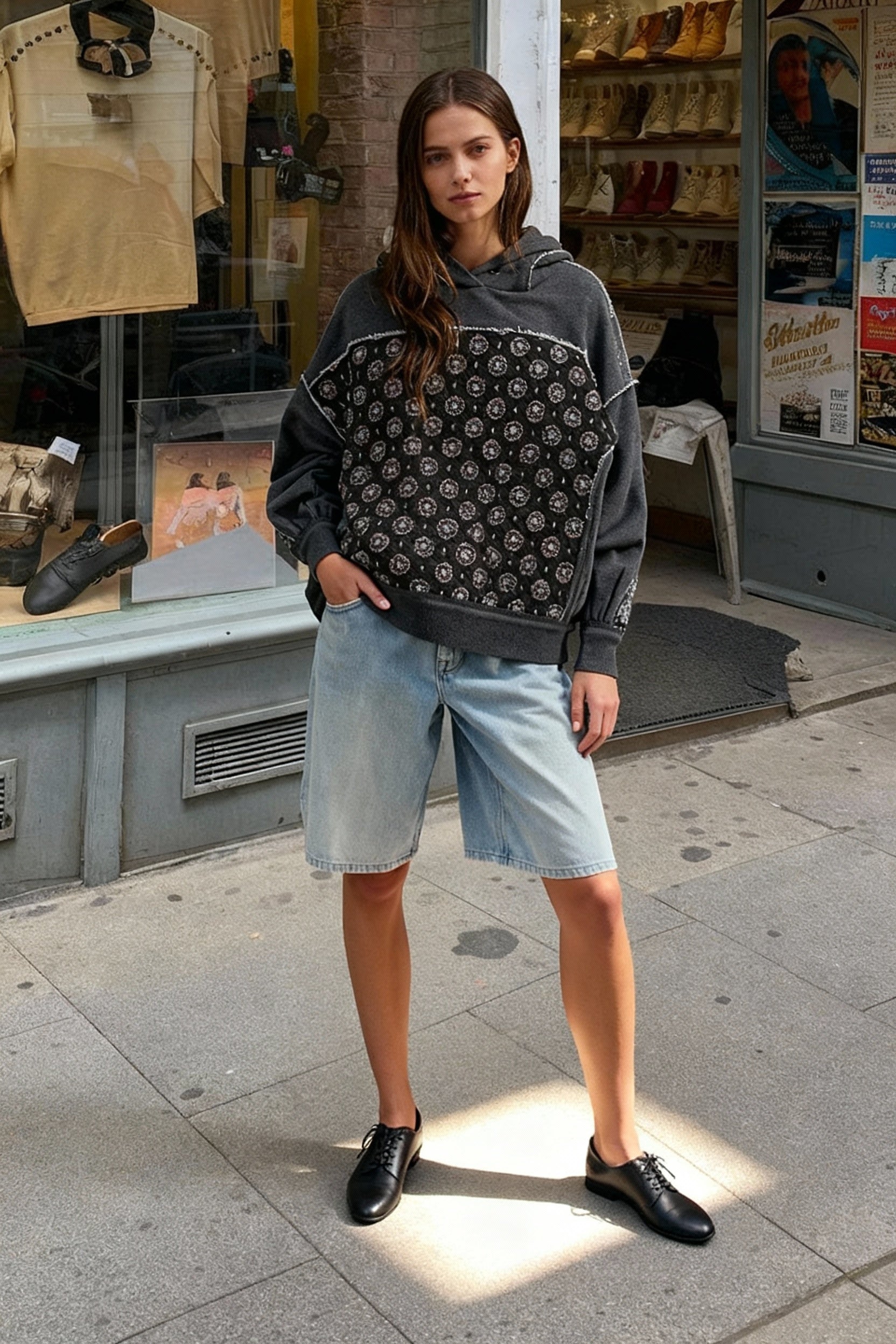 Embroidered Panel Design Casual Pullover Hoodie