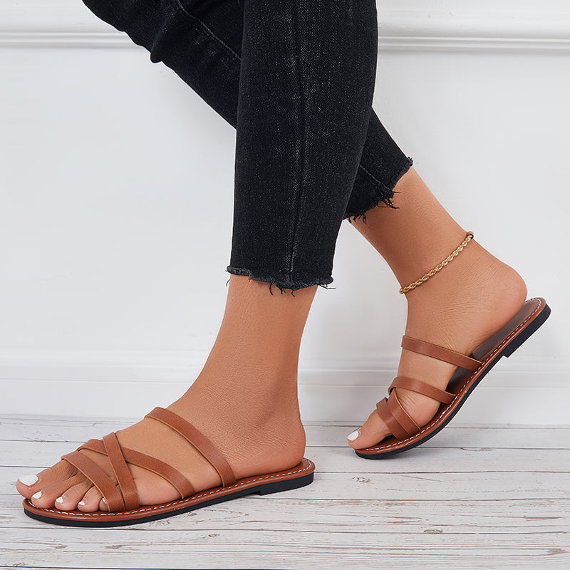 Open Toe Wide Slide Sandals Flat Beach Slippers