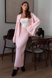 Polo Collar Sweater Flare Sleeve Knit Set
