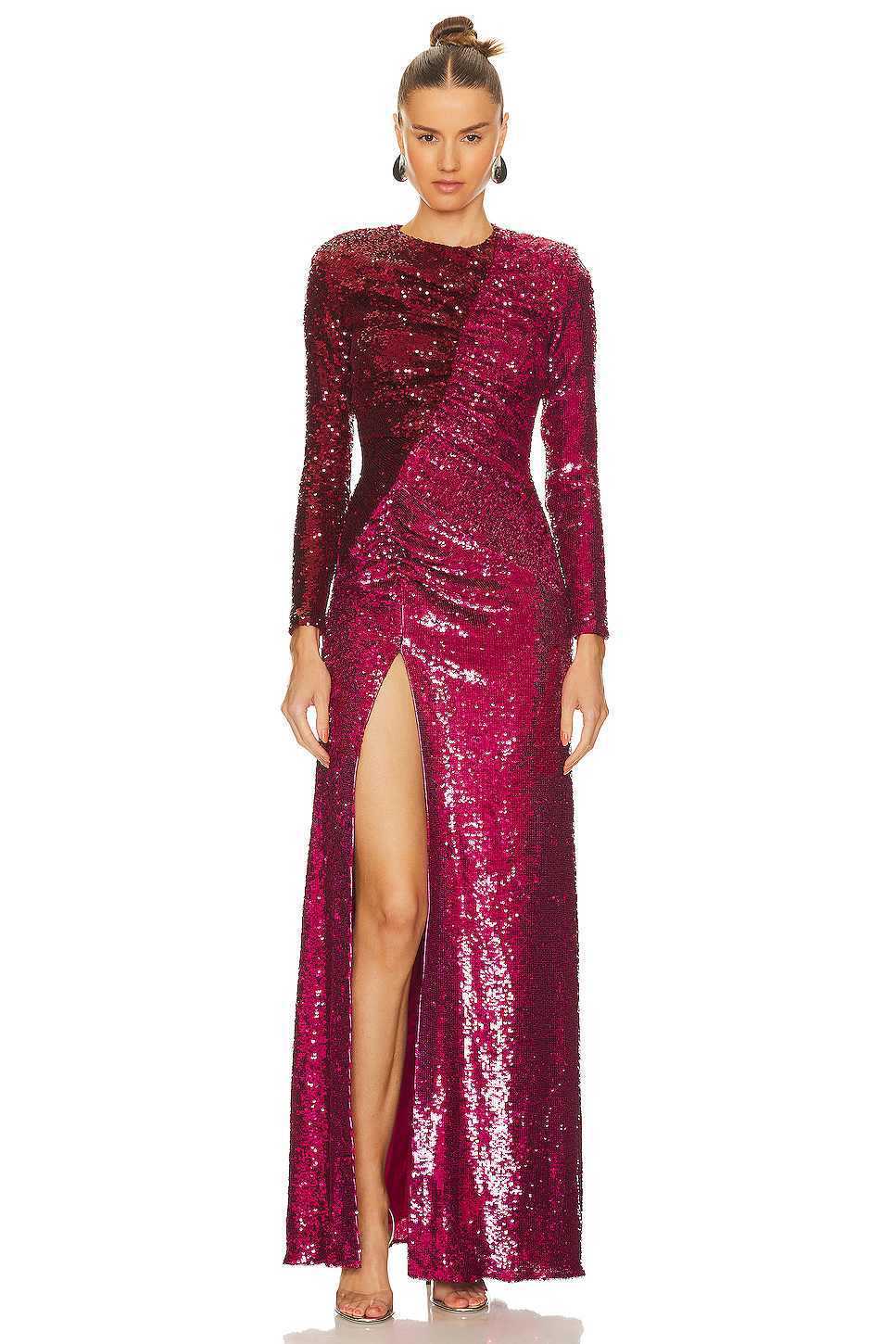 Sequin Crew Neck Long Sleeve Ruched High Split Maxi Gown