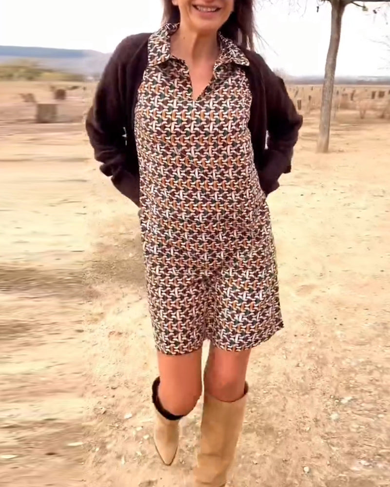 Printed lapel long sleeve dress