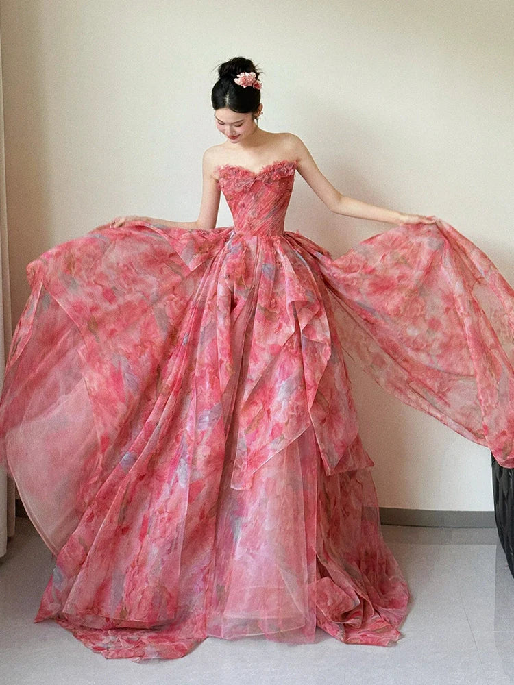 A Line Strapless Floral Print Long Prom Dress Sexy Evening Dresses   fg7660