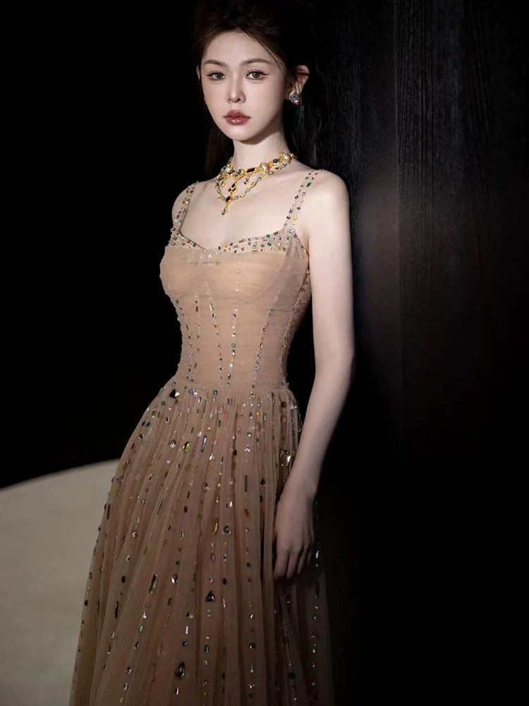 A Line Champagne Long Prom Dress Sexy Evening Dresses   fg7663