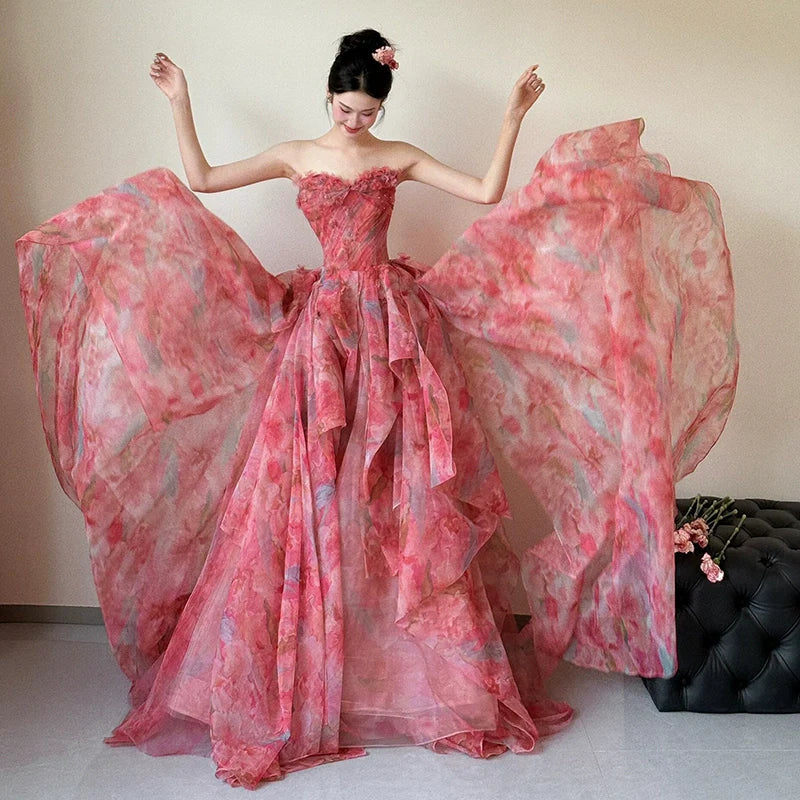 A Line Strapless Floral Print Long Prom Dress Sexy Evening Dresses   fg7660