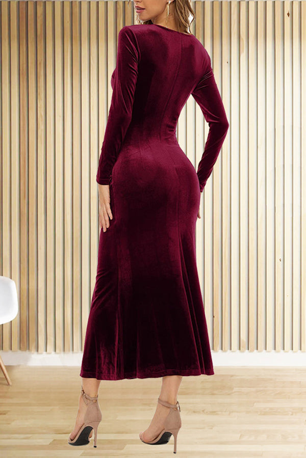 Solid Color Velvet Long Sleeve V-neck Slim Fit Fishtail Maxi Dress - View 12
