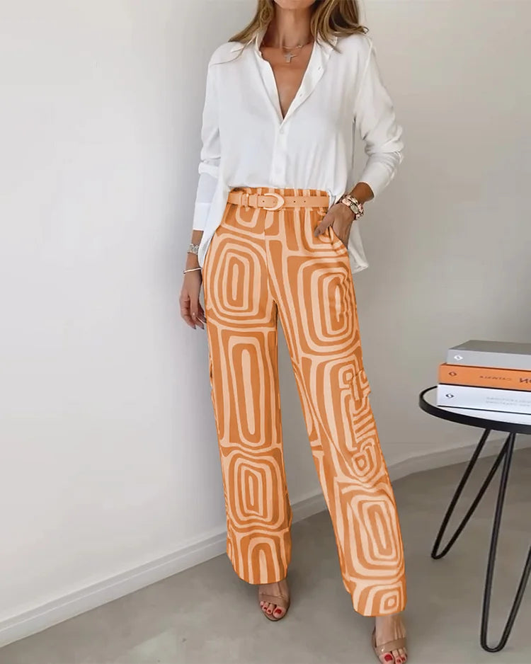 Long Sleeve Shirt and Geometric Print Wide Leg Pants Two Piece Set