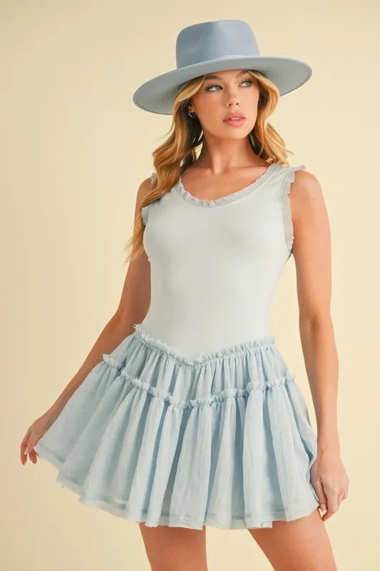 Ribbed Bodice Frill Trim Sleeveless Drop Waist Tiered Mini Dress
