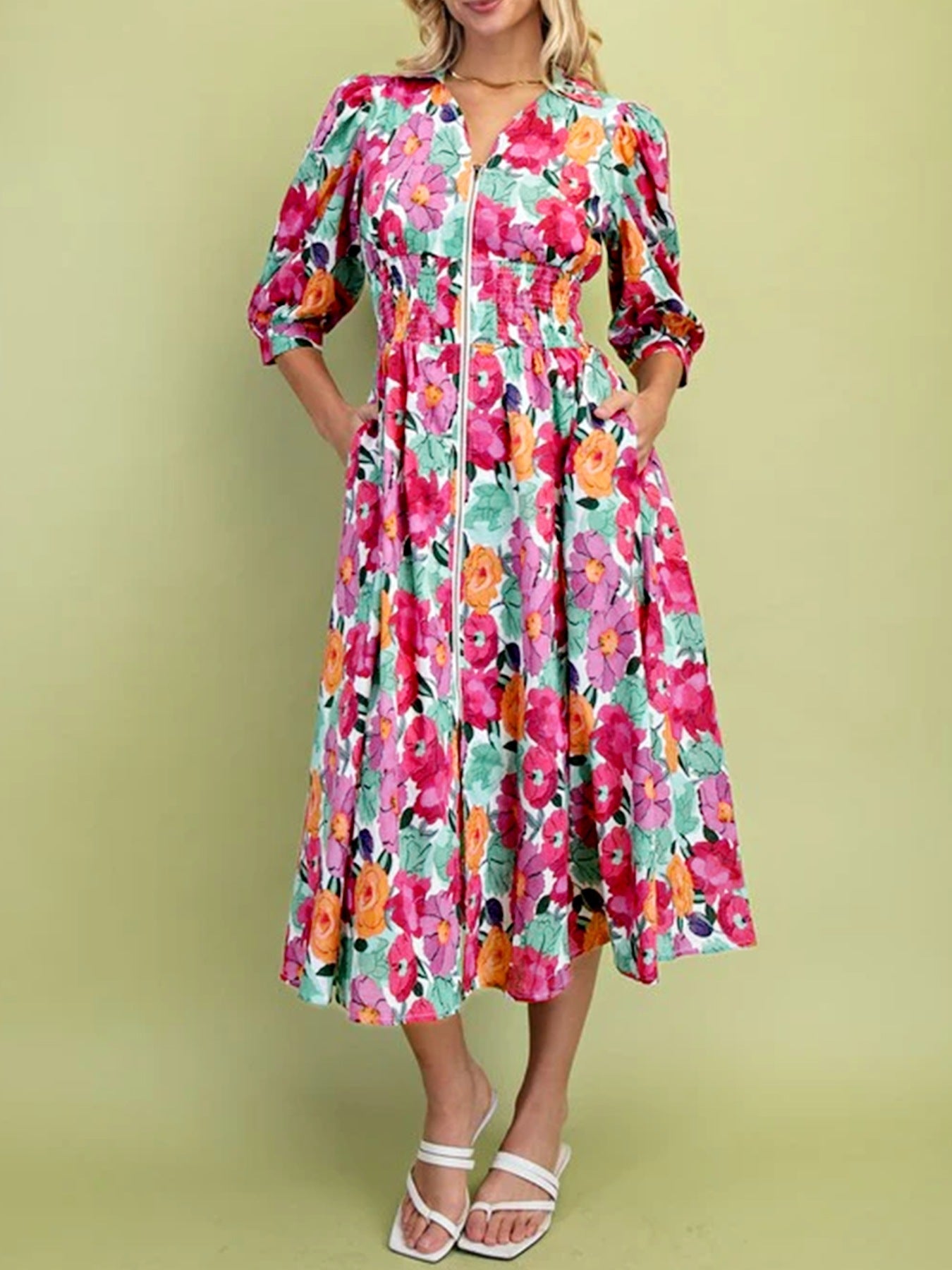 Vibrant Floral Print V Neck Zip Up Puffy Half Sleeve Dress Cerise