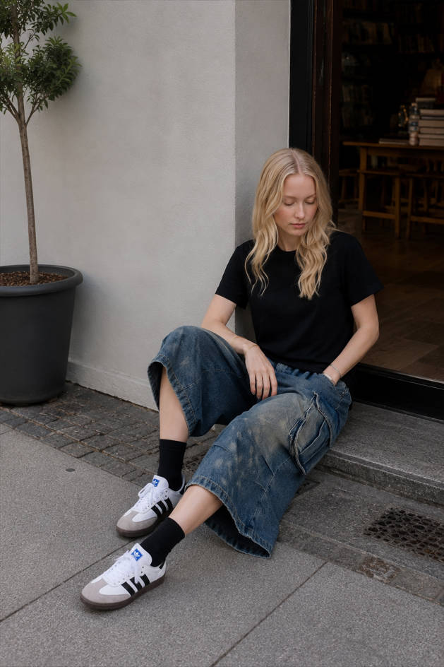 Ruched Straight-Leg Denim Jeans