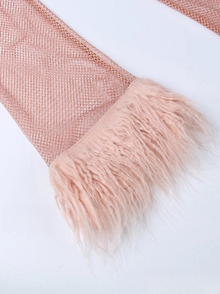 Round Splicing Neck Furry Hollow Mesh Glitter Arm Women's Seethrough Long Dress