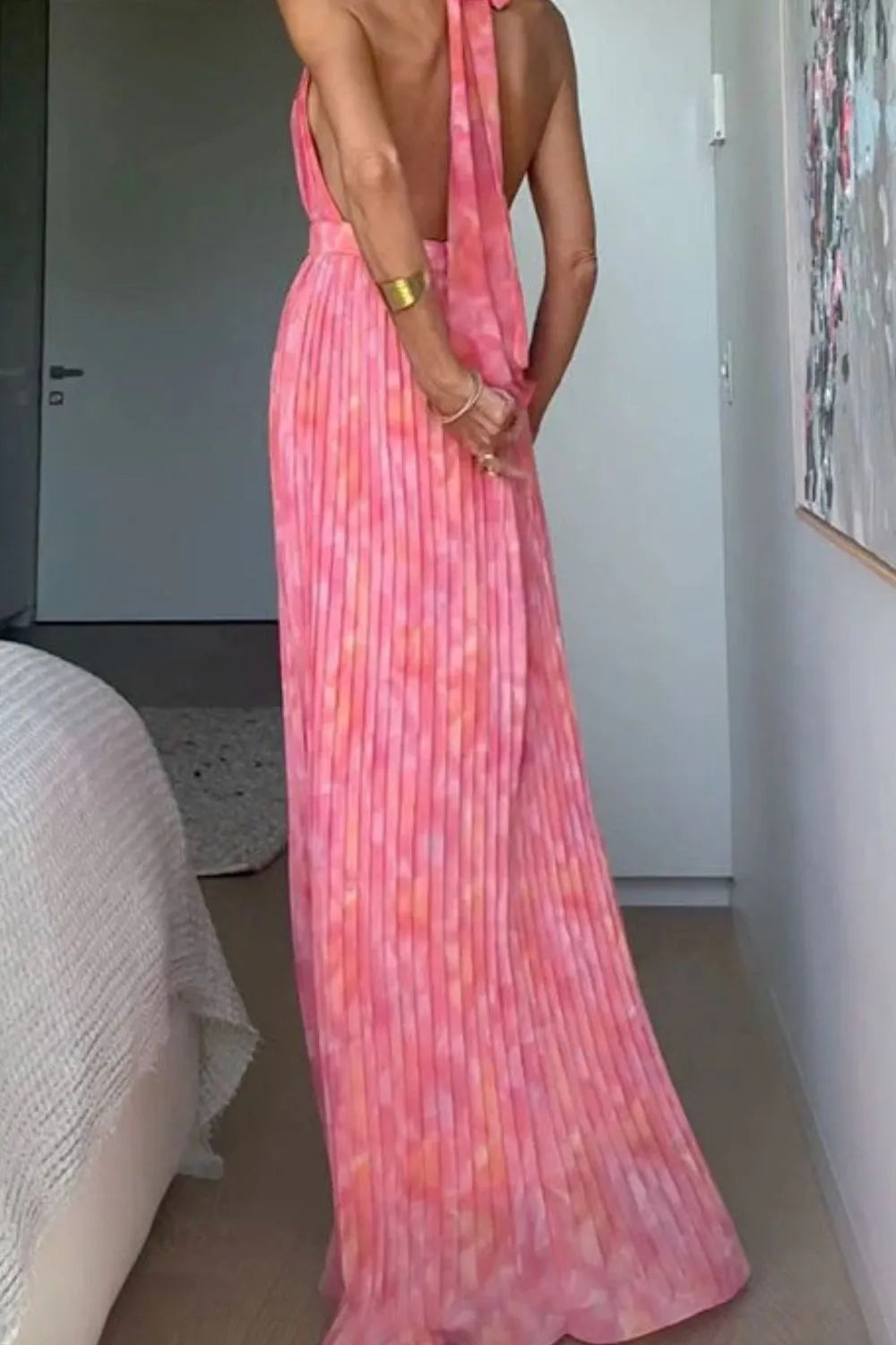 Printed Halter Neck Plunge Bow Waist Pleated Maxi Dress 3