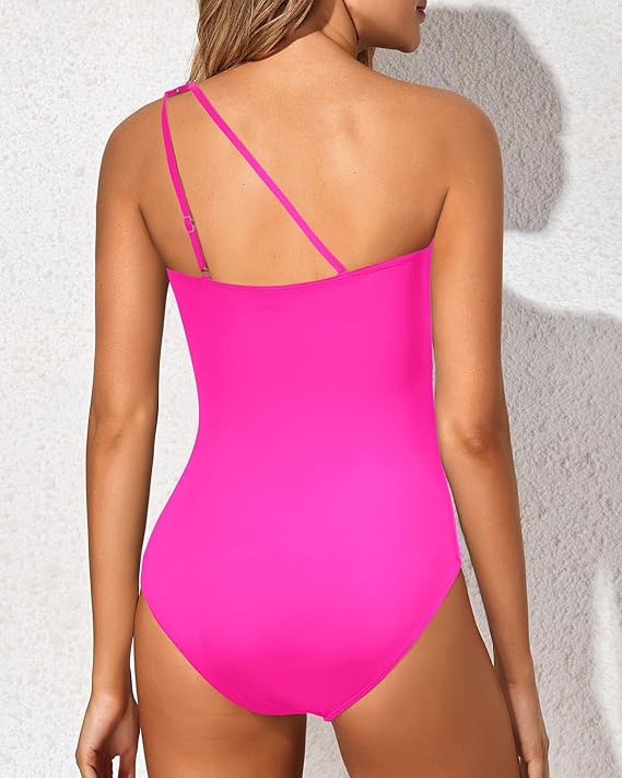 One Shoulder Ruched Tropical Print One Piece Swimsuit