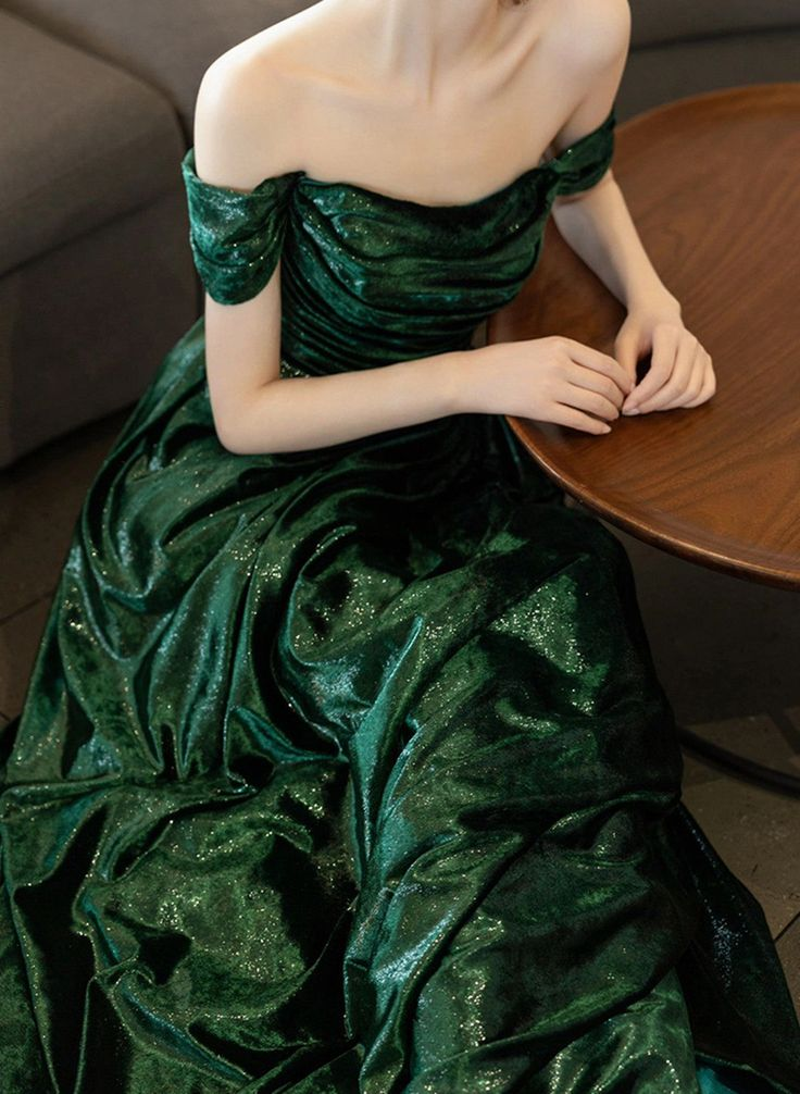 Beautiful Green Off Shoulder Evening Dress, Green Long Prom Dress  cc1444