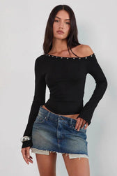 Studded Rhinestone One Shoulder Long Sleeve Top