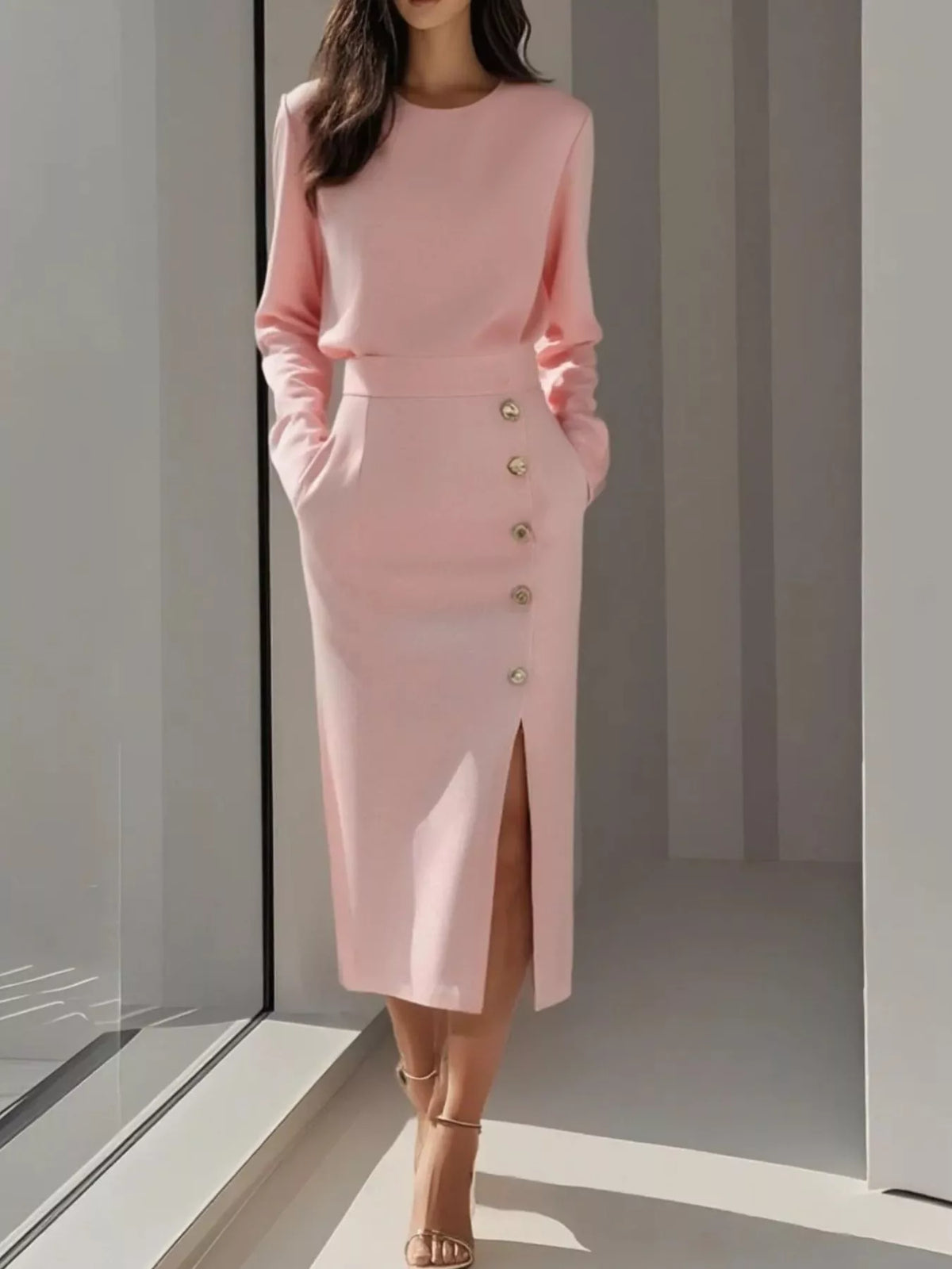 Round Neck Long Sleeve Button Detail Side Split Midi Dress