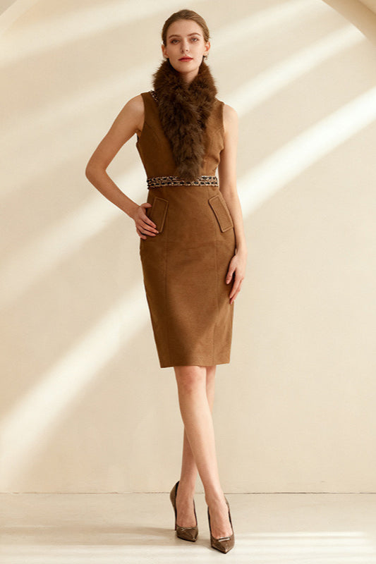 Faux Fur Open-Shoulder Embellished Midi Dress