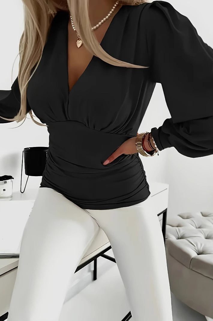 Solid V Neck Chic Versatile Long Sleeve Elegant Blouse