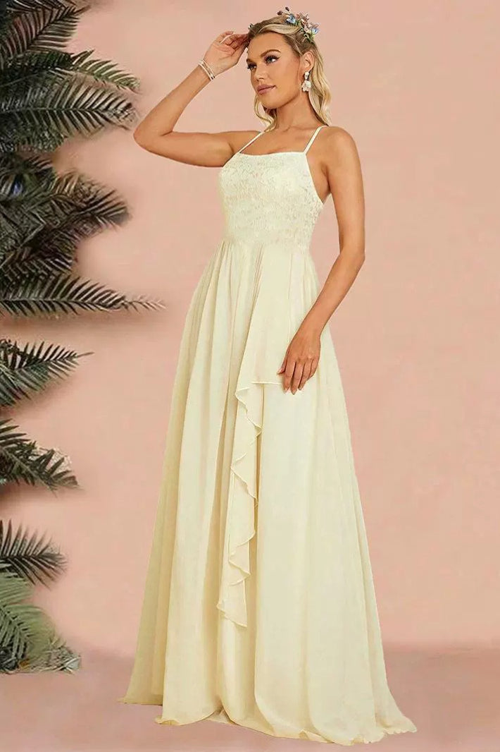 Lace Square Neck Spaghetti Strap Chiffon A-Line Maxi Dress