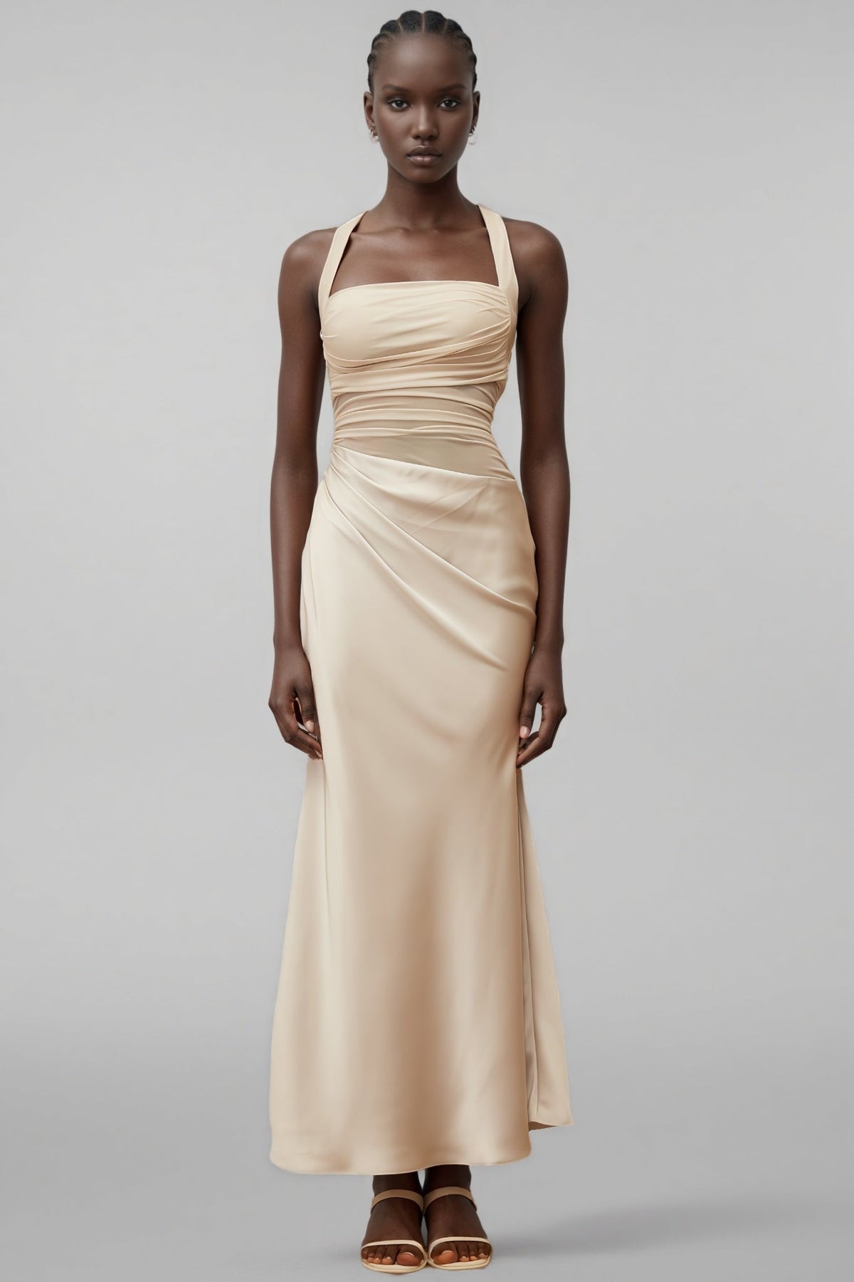 Satin Halter Neck Ruched Bodice Mesh Panel Maxi Dress 3