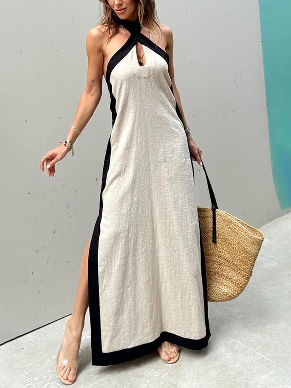 Halter Neck Slit Color Block Maxi Dress Beige