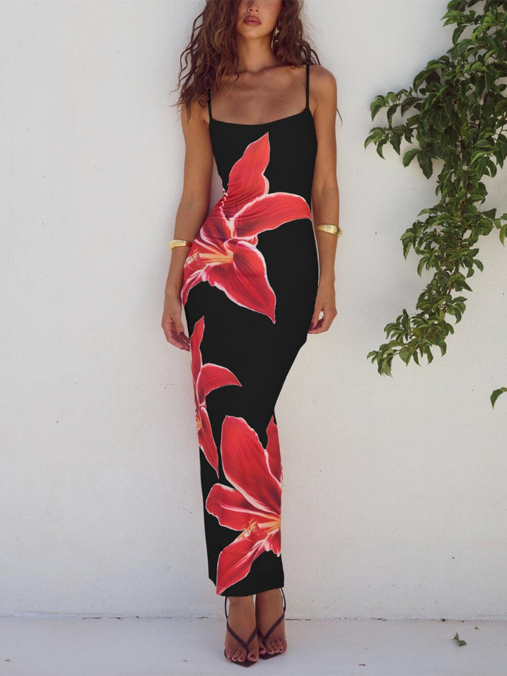 Abstract Unforgettable Floral Print Maxi Dress Black