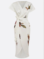 Satin Deep V-Neck Short Sleeve Wrap High Split Midi Dress 4