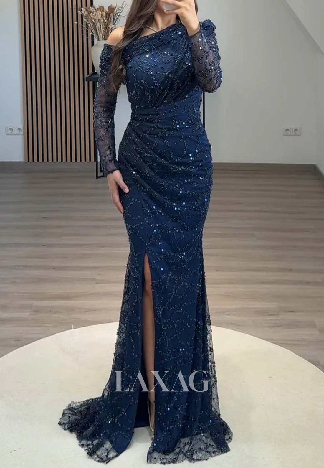 Asymmetrical-Neck Long-Sleeves Pleated Mermaid Evening Dress Fully Sequined Beaded Formal Gowns