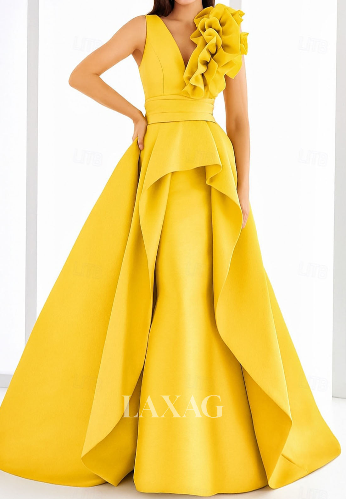 Deep V-Neck Straps Sleeveless Ruffled Pleated Satin Floor-Length A-Line Formal Evening Dress