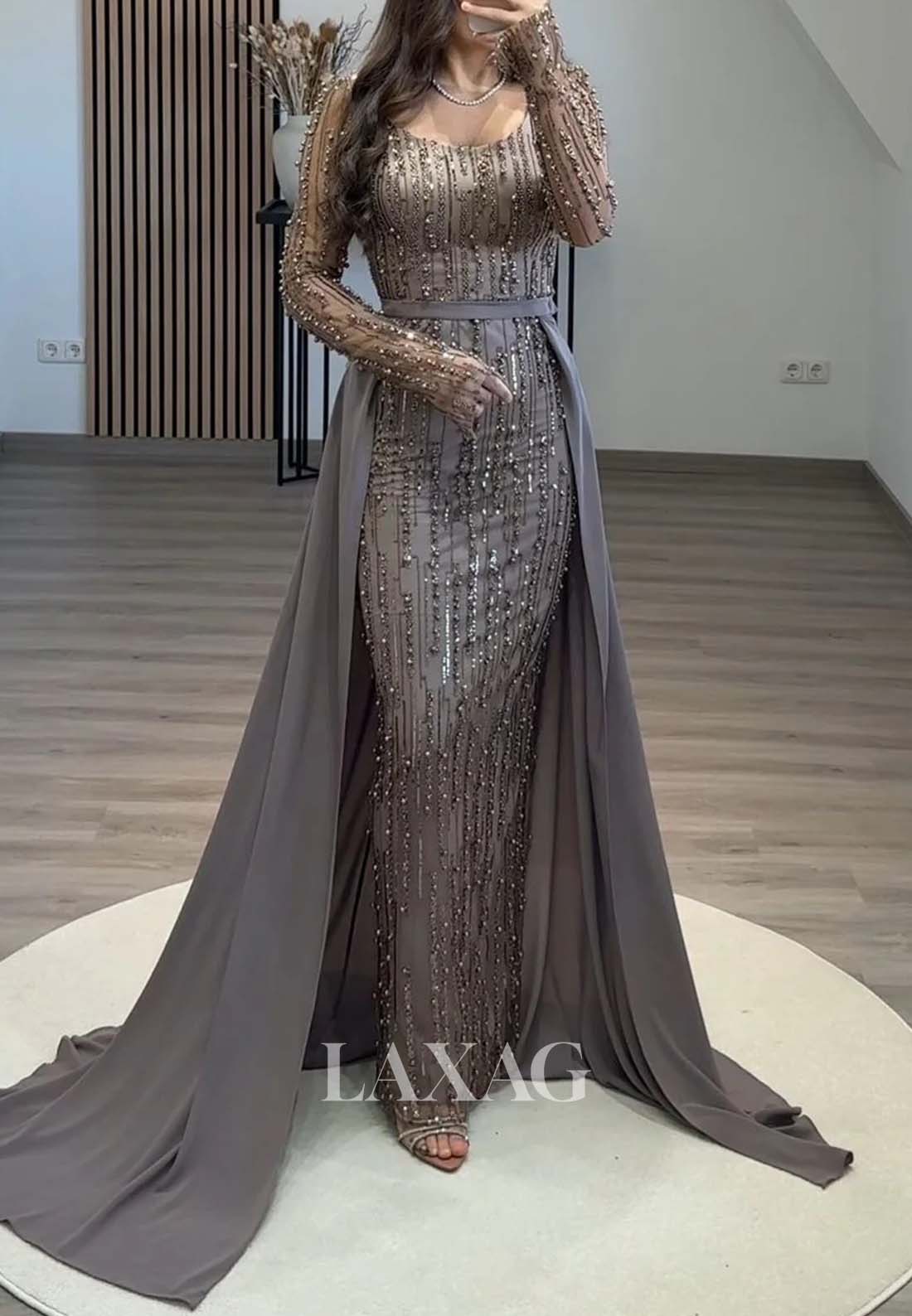 Scoop-Neck Long-Sleeves Formal Gowns Beaded Pleated Mermaid Evening Dress with Tulle Train