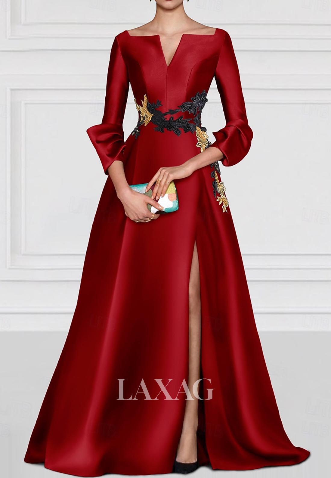 V-Neck Long-Sleeves Satin A-Line Evening Dress Beaded Embroidered Formal Gowns with High Slit