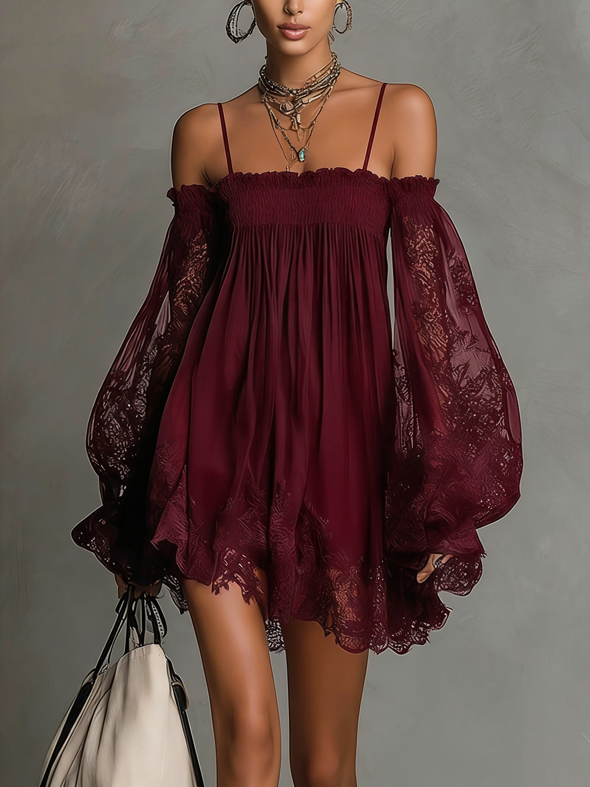 Off Shoulder Lace Bell Sleeve Smocked Mini Dress