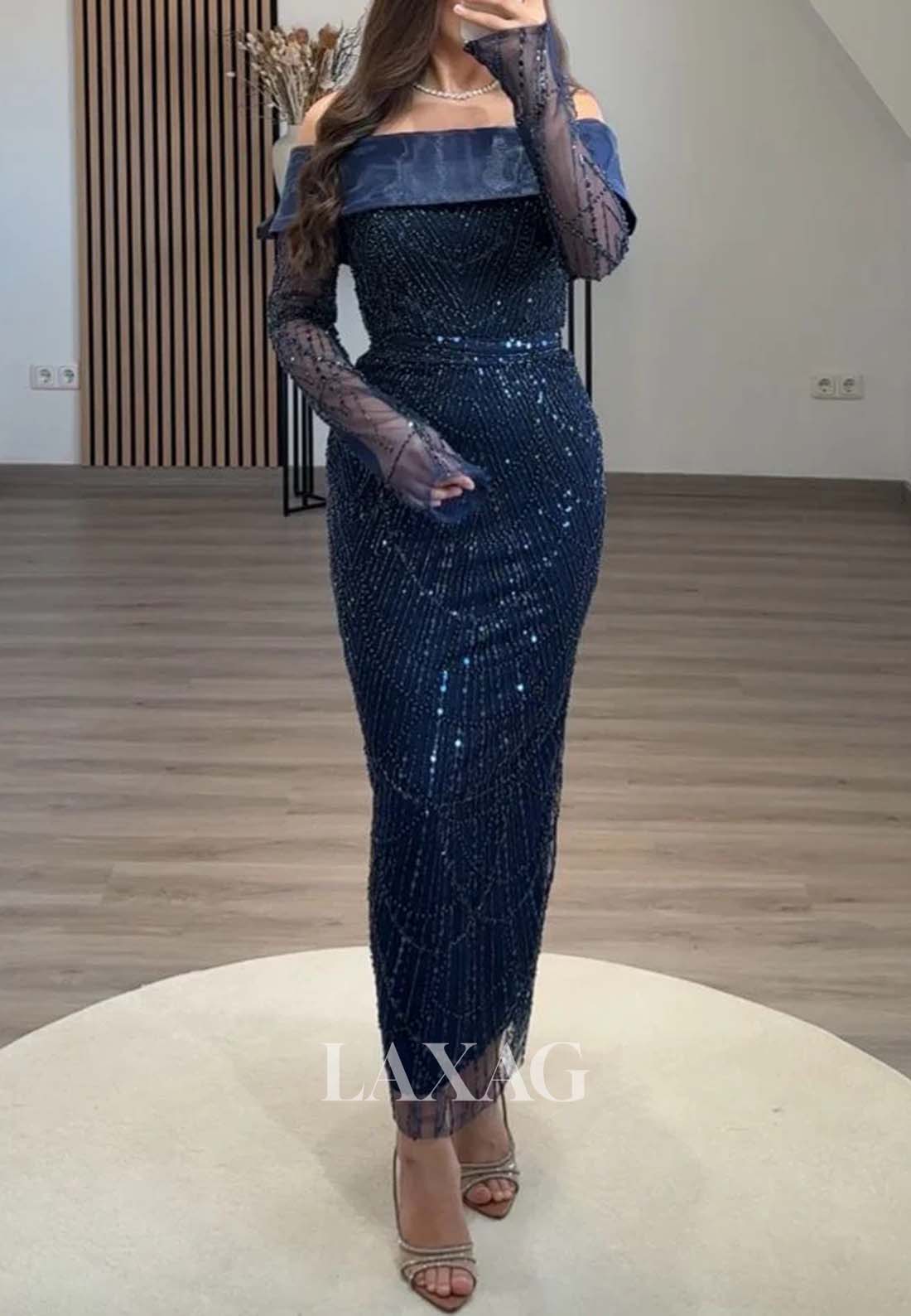 Tube Top Long-Sleeves Ankle-Length Formal Gowns Fully Sequined Beaded Mermaid Evening Dress