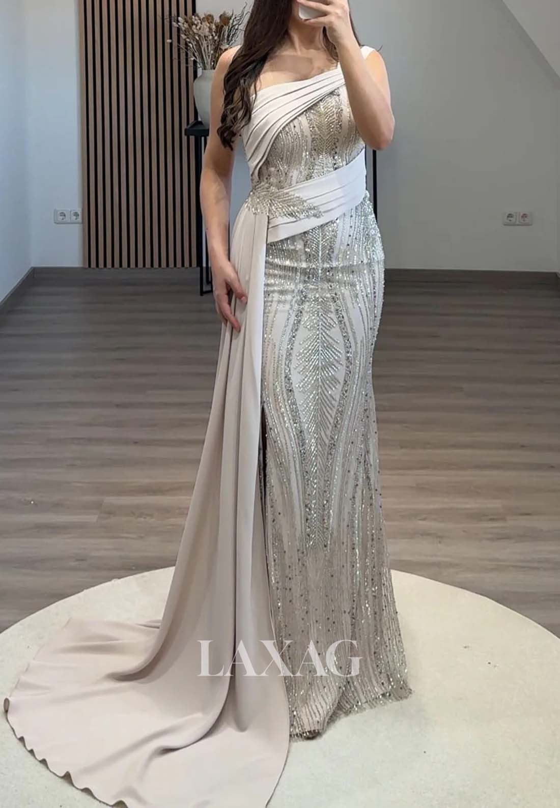 Asymmetrical-Neck Sleeveless Pleated Mermaid Evening Dress Fully Beaded Formal Gowns with Satin Train