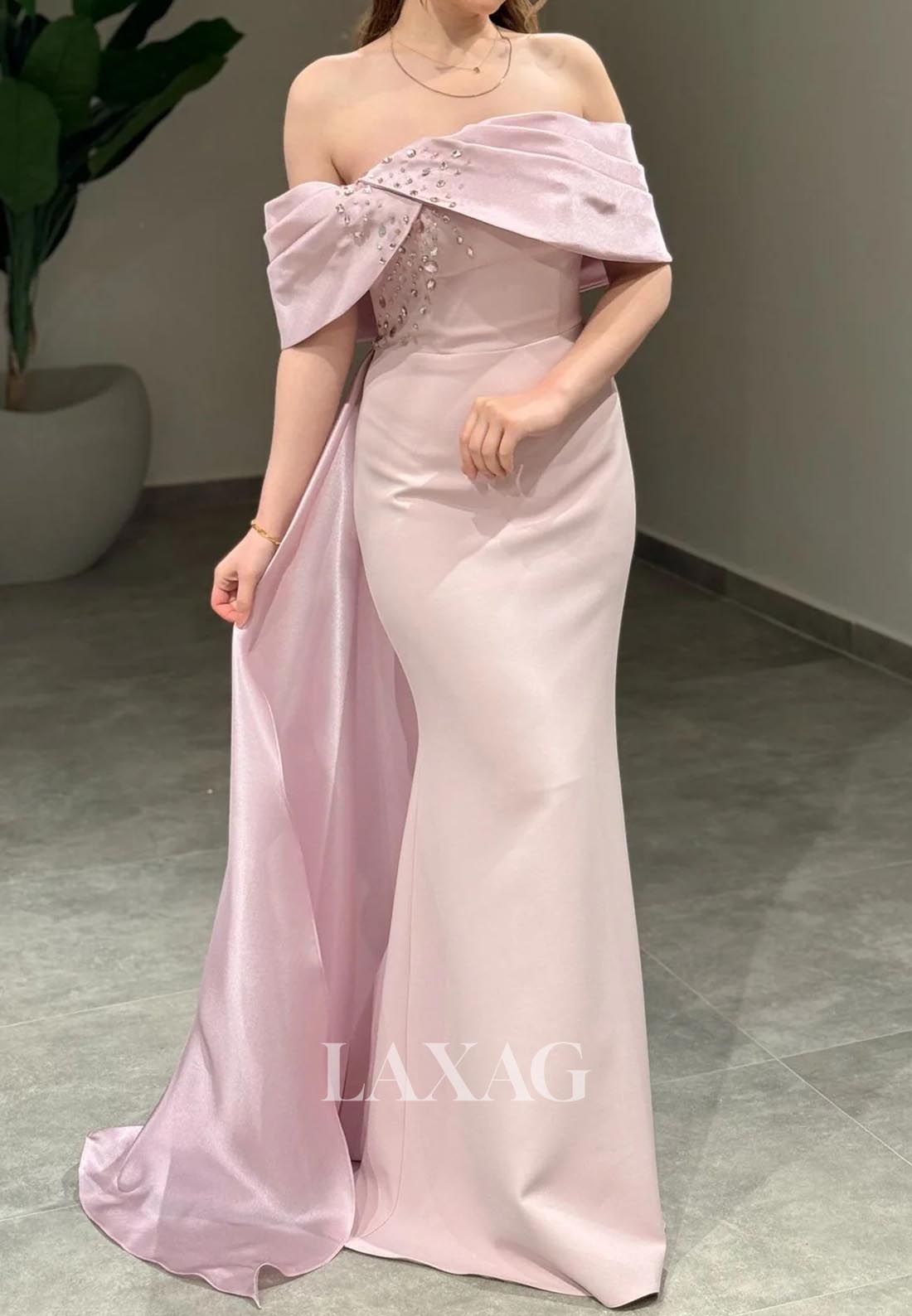 Asymmetrical-Neck Sleeveless Mermaid Evening Dress Beaded PleatedSatin Formal Gowns