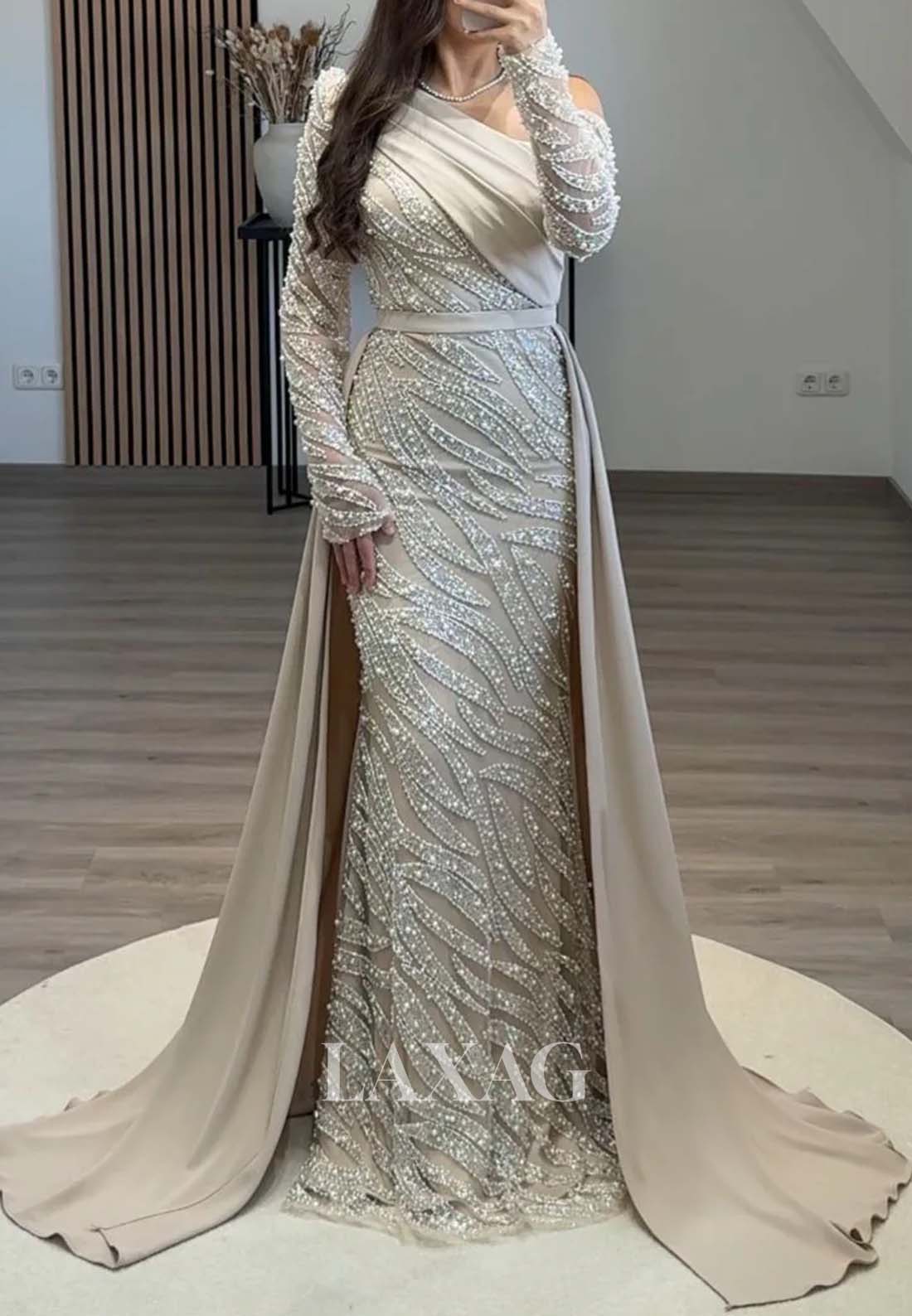 Asymmetrical-Neck Long-Sleeves Mermaid Evening Dress Beaded Pleated Formal Gowns with Satin Trian