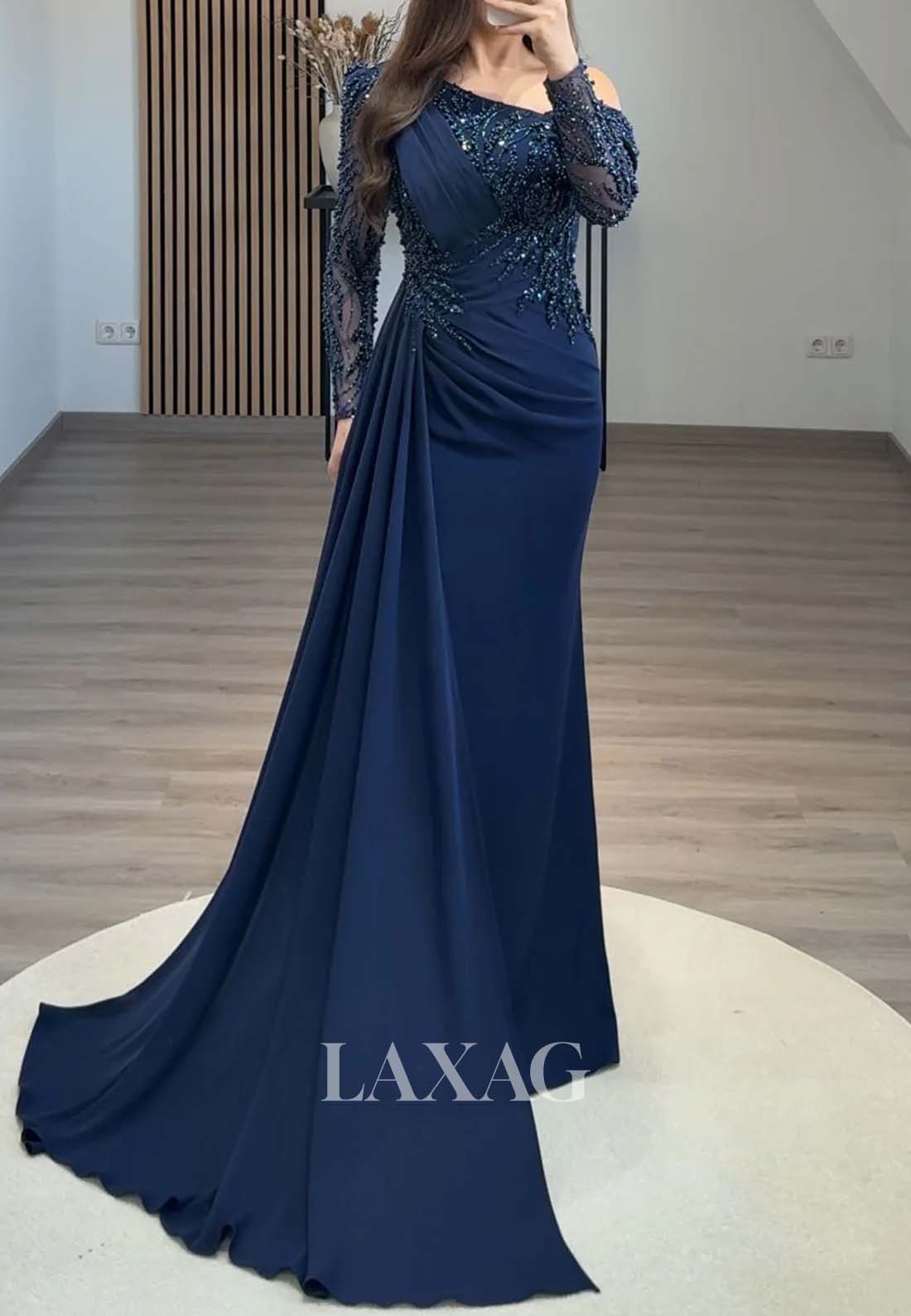 Long-Sleeves Beaded Pleated Formal Gowns Asymmetrical-Neck Sweep Train Mermaid Evening Dress