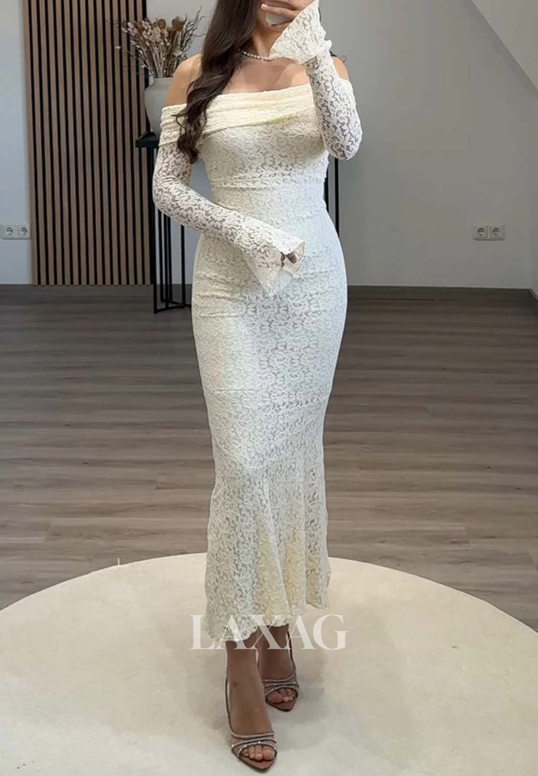 Tube Top Allover Lace Ankle-Length Formal Gowns Long-Sleeves Pleated Mermaid Evening Dress