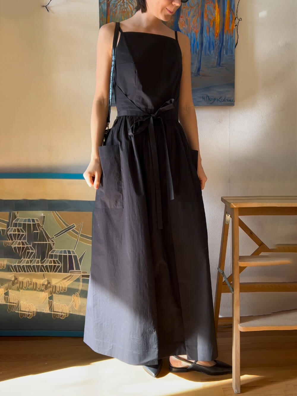 Spaghetti Strap Square Neck Tie Belt Side Pocket Maxi Dress