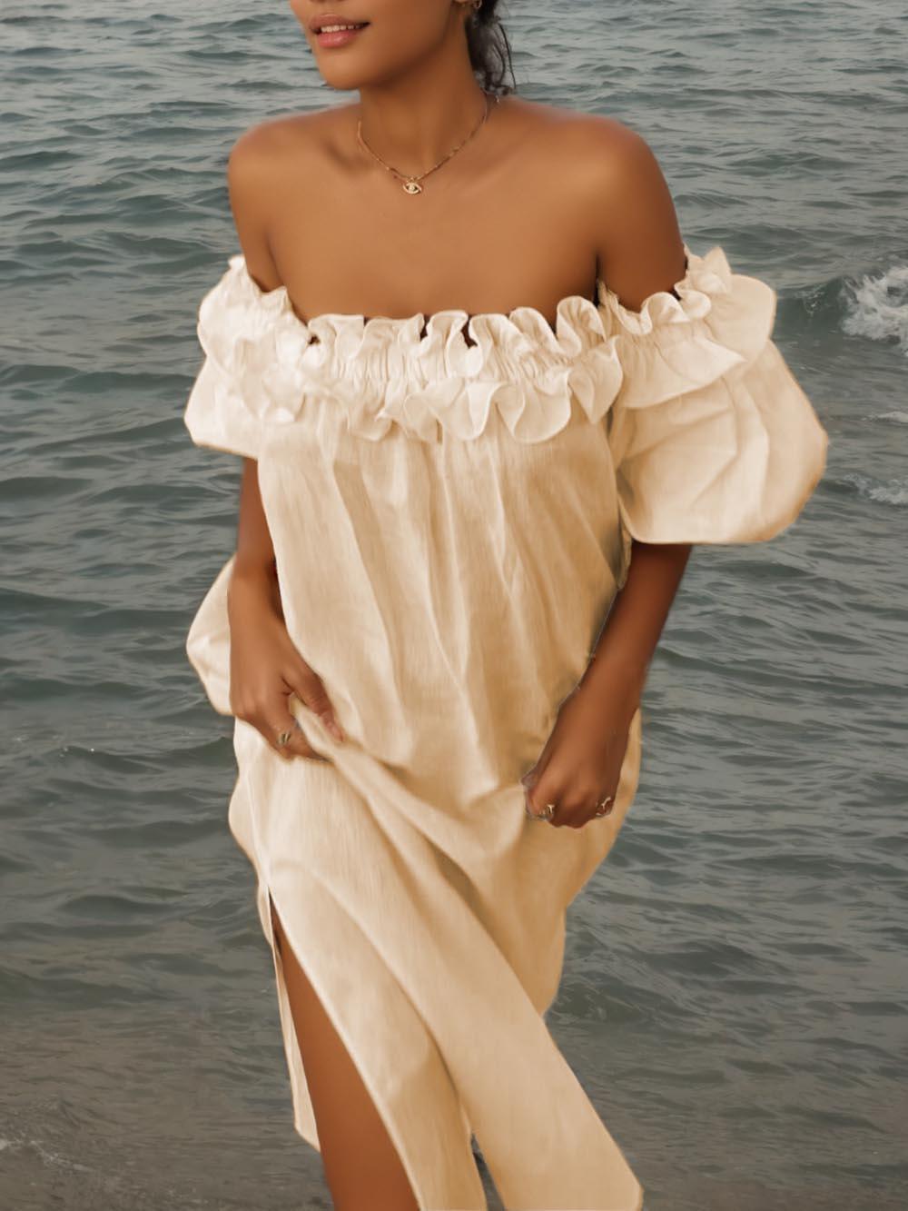 Ruffle Off Shoulder Puff Sleeve Pocketed Midi Dress White
