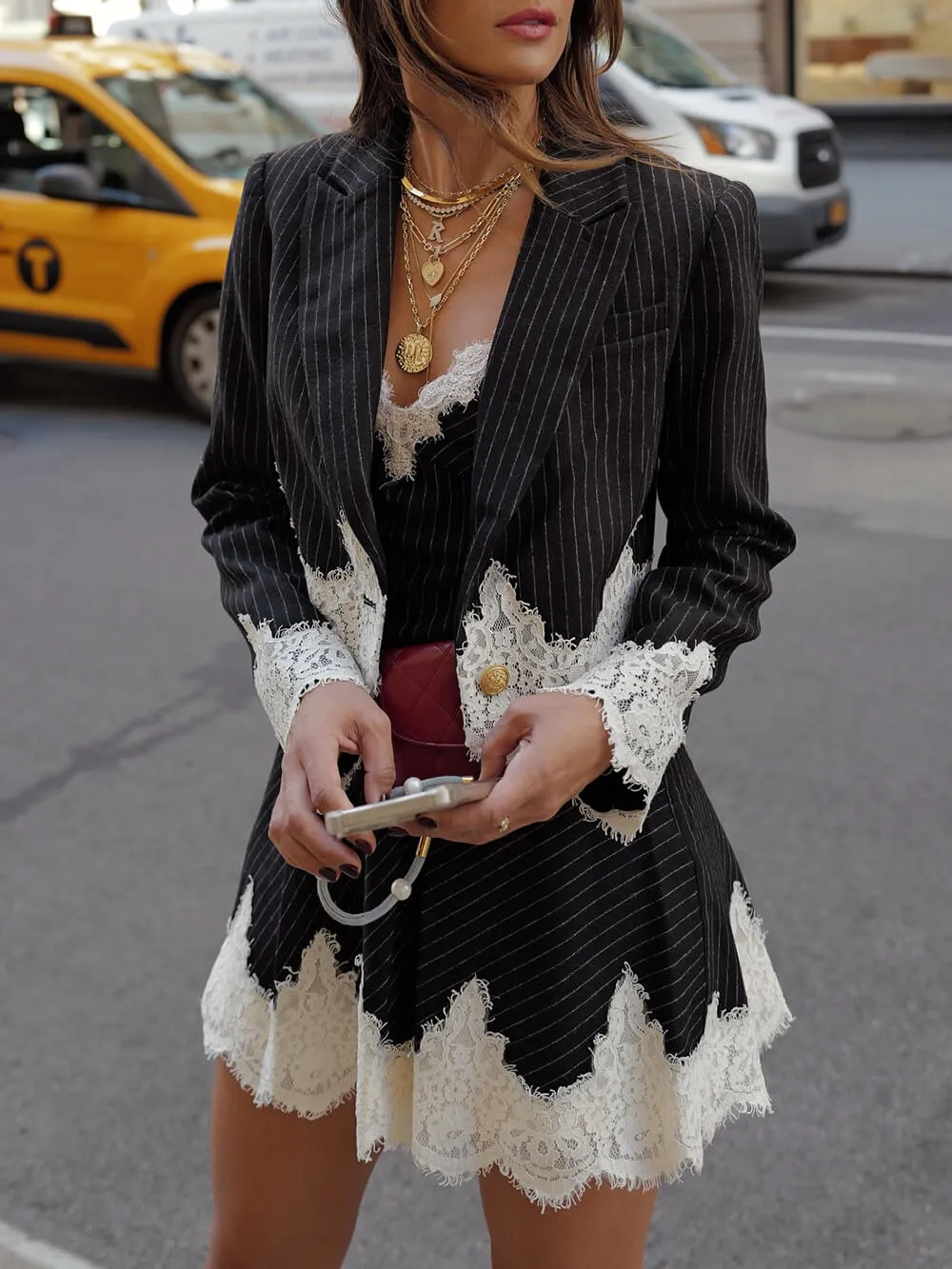 Pinstripe Lace Trim Blazer and Cami Mini Dress Two Piece Set 3