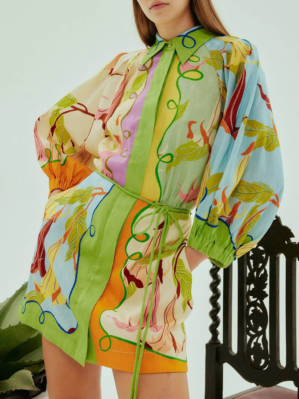 Botanical Patchwork Print Long Sleeve Lantern Sleeve Tie Waist Mini Shirt Dress